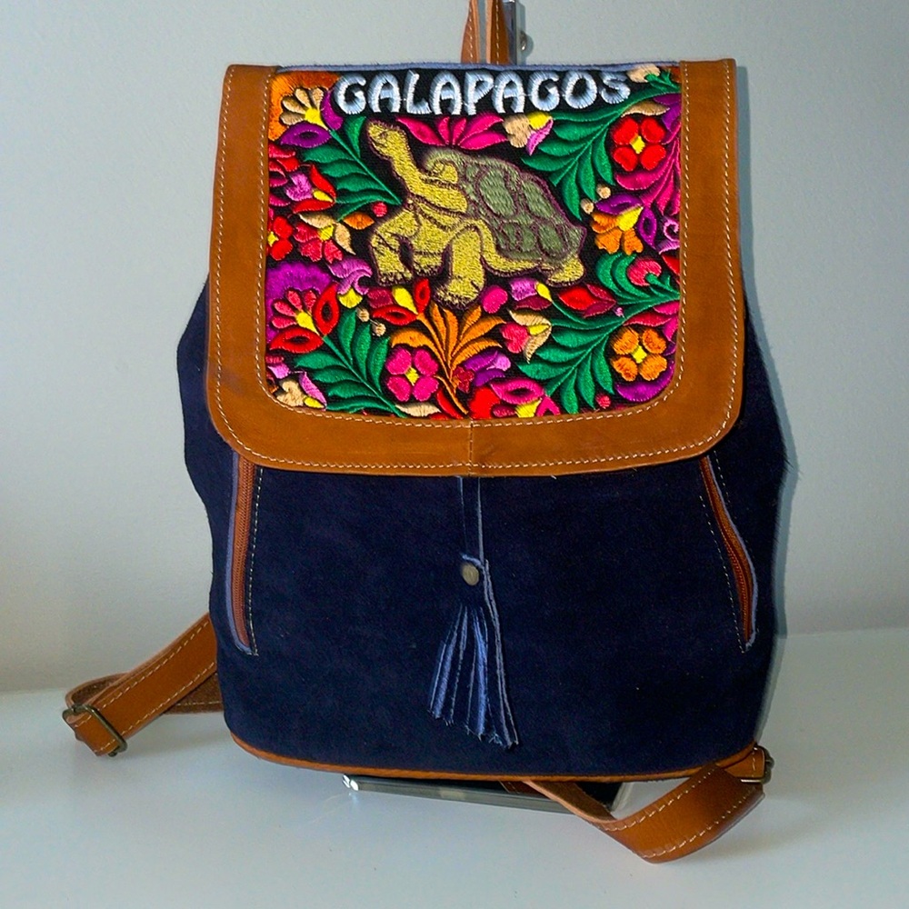 ESIL Artisan Leather Suede Slim Floral Backpack